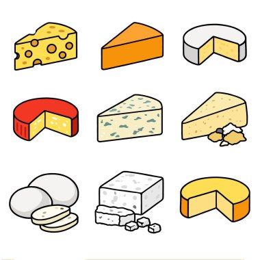 İsviçre peynirli peynirli peynirli gouda peynirli peynirli parmesan peynirli peynirli peynir ve renkli karikatür tarzıyla resimlenmiş bir peynir koleksiyonu.
