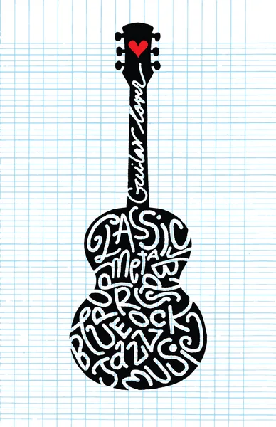 El çizimi Doodle akustik gitar, düz tasarım