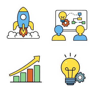 Bir başlangıç konsepti yenilik takım çalışması büyümesi ve roket lambası grafiği ile gösterilen yaratıcı fikir ve motivasyon ve ilerleme ifade eden insanlar simgeleri