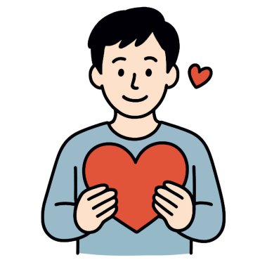 Kırmızı kalp sembolü taşıyan gülümseyen genç bir adam aşk ve mutluluğu ifade eden basit bir çizgi film stili beyaz arka planda izole edilmiş neşeli ruh hali olumlu duygu şefkati