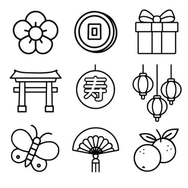 Uğurlu bir bozuk para hediyesi Fener Kapısı Festivali neşesi Temiz çizgi simgesi ile siyah ana hatlı