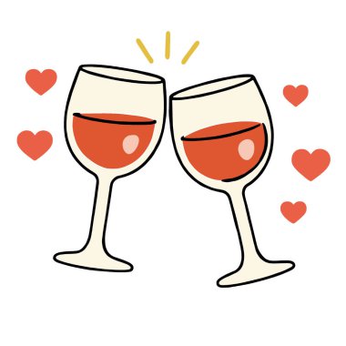 Kırmızı kalpli iki şarap kadehi, romantik bir kutlama, aşk, mutluluk.