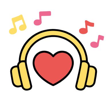 Kulaklıklı bir kalp notası sarı kırmızı aşk dinle mutlu izole edilmiş beyaz arka plan