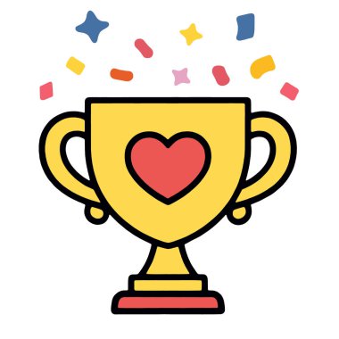 Kalp sembollü altın bir kupa, renkli konfeti, kutlama, başarı, aşk, mutluluk