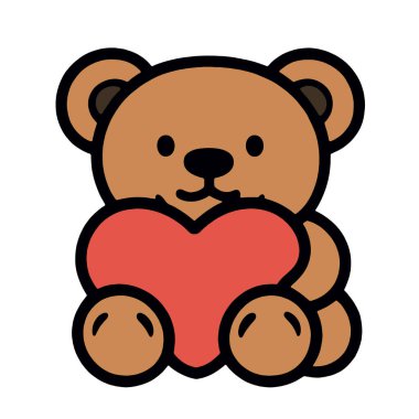 Kırmızı kalp taşıyan sevimli bir ayı, çizgi film stili, basit tasarım, beyaz arka planda izole edilmiş.