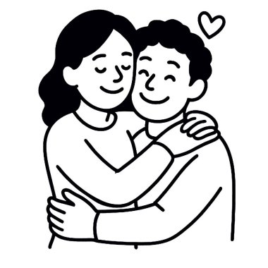 Mutlu bir çift, sarılıyor, gülümsüyor ve sevgi gösteriyorlar. Üzerlerinde bir kalp sembolü var. Aşkı ve sıcaklığı basit siyah-beyaz çizim tarzıyla ifade ediyorlar.