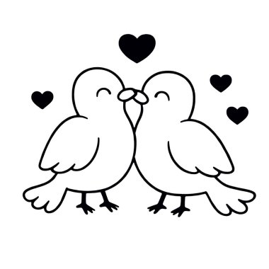 Kalpleriyle öpüşen iki sevimli kuş, romantik aşk çizimi, basit siyah beyaz çizimler.