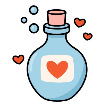 Kırmızı kalpli bir aşk iksiri şişesi, mavi cam, kabarcıklar, yüzen kalpler, şirin çizgi film tarzı