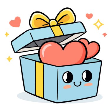 Sarı kurdeleli şirin mavi bir hediye kutusu, gülen surat, iki kırmızı kalp, neşeli, çizgi film tarzı