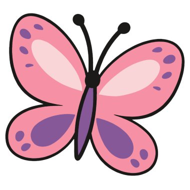 Mor noktalı pembe bir kelebek çizimi, karikatür tarzı, beyaz arka planda izole edilmiş.