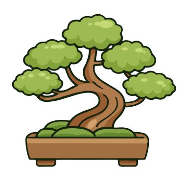 Bir bonsai ağacı, yeşil yaprak, kahverengi gövde, saksı bitkisi, çizgi film tarzı, izole edilmiş, doğa sanatı.