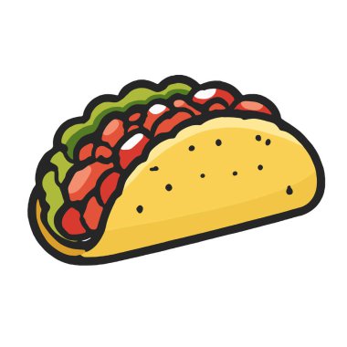 Bir taco kabuğu marul, domates peyniri çizgi film yemek ikonu renkli atıştırmalık.