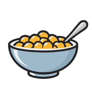 Bir kâse kahvaltılık gevrek, kaşık sütlü çizgi film, atıştırmalık, sabah yemeği.