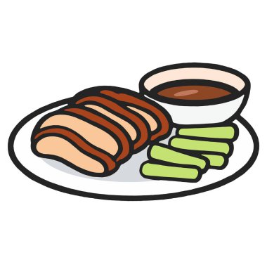 Kızarmış ördek sosu. Salatalık tabağı. Çizgi film stili.