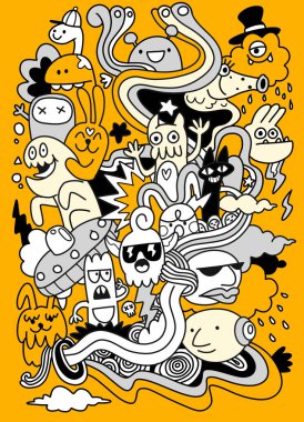 Çizgi film karalaması soyut gerçeküstü karakter hayvan mantarı mutlu yaratıcı eğlence sarı siyah