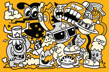 Çizgi film canavarı salyangoz, güneş gözlüğü, uzay gemisi bulutu, oyuncu sarı arka plan.