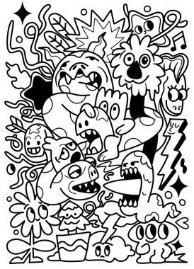 Çizgi film canavarı siyah beyaz, soyut, oyuncu, etkileyici, ilginç çizgiler çiziyor.