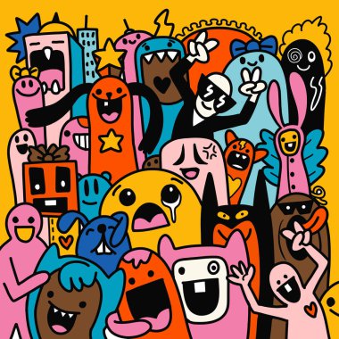 A colorful monster cartoon doodle happy playful group character fun expressive cute