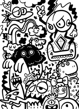 Bir karikatür karalama canavar bulut gökkuşağı mutlu soyut siyah beyaz eğlenceli yaratıcı fantezi