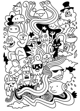 Bir çizgi film karalama canavarı hayvan mantarı bulut güneş gözlüğü mutlu soyut çizgi sanatı