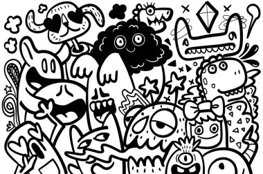 Çizgi film canavarı siyah-beyaz çizer soyut, neşeli, yaratıcı, eğlenceli bir illüstrasyon.