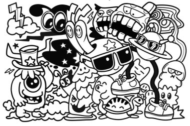 Bir çizgi film karalama canavarı güneş gözlüğü spor ayakkabı yıldızı oyuncu, eğlenceli, enerjik, siyah ve beyaz.