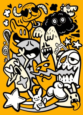 Bir çizgi film karalama canavarı bulut yıldızı neşeli, neşeli, etkileyici, siyah beyaz karakterler doldurur.