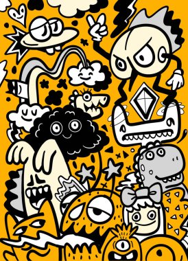 Bir karikatür karalama canavar bulut gökkuşağı neşeli sarı arka plan sanatı