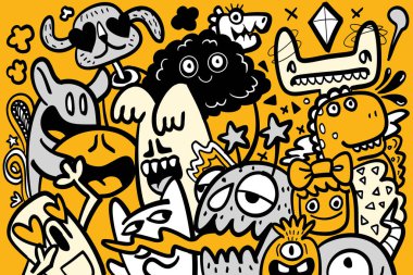 Çizgi film canavarı siyah beyaz arka plan çizer neşeli soyut eğlence