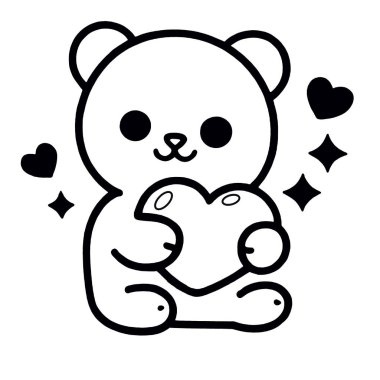 Sevimli bir ayı kalbi karikatürü. Oturmuş aşk tapılası basit siyah beyaz.