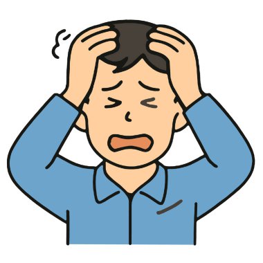 Kafasını tutan sinirli bir adam, endişeli bir ifade, stres, endişe, mavi gömlek, çizgi film tarzı