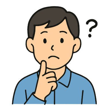 Kafası karışmış bir adam, soru işareti, düşünme, el çenede, mavi gömlek, basit bir illüstrasyon.