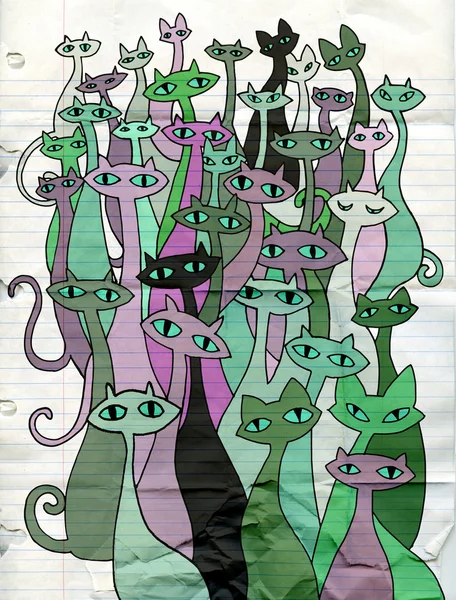 Mão desenho doodle gatos mal grupo — Vetor de Stock