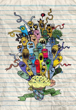 Elle çizilmiş yabancılar ve canavarlar karikatür doodle