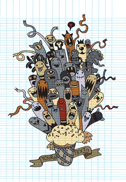 手拉的外国人和怪物卡通涂鸦 — 图库矢量图片