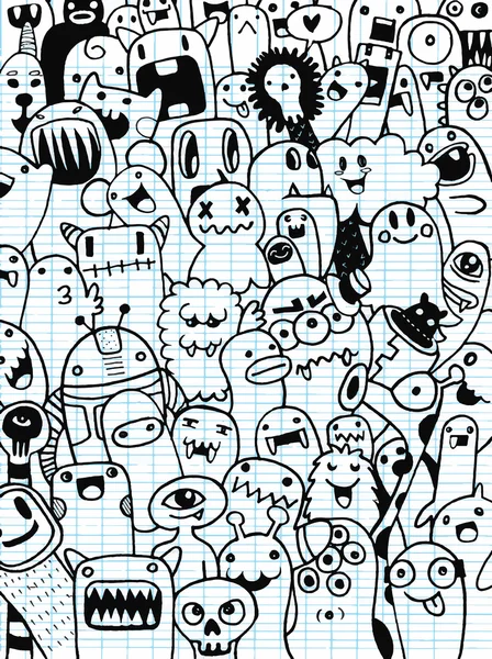 Ruka nakreslené cizinců a monstra kreslený doodle — Stockový vektor
