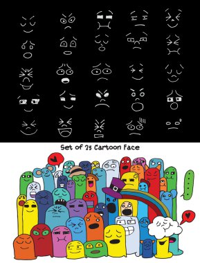 El set çizgi roman tasarımı için yüzleri çekilmiş. Vektör çizim