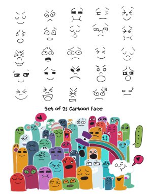 El set çizgi roman tasarımı için yüzleri çekilmiş. Vektör çizim