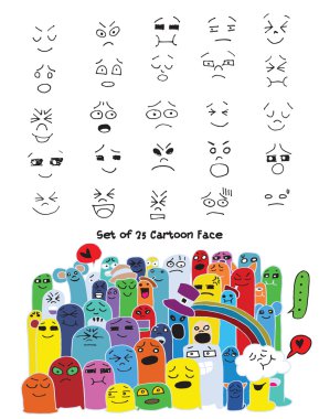 El set çizgi roman tasarımı için yüzleri çekilmiş. Vektör çizim