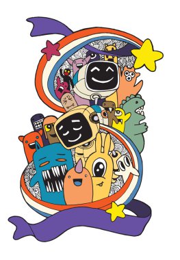 El çizilmiş yaratıklar, canavarlar ve robot karikatür doodle