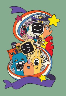 El çizilmiş yaratıklar, canavarlar ve robot karikatür doodle