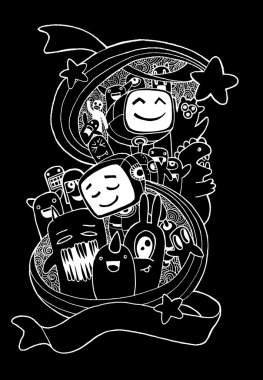 El çizilmiş yaratıklar, canavarlar ve robot karikatür doodle