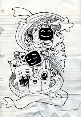 El çizilmiş yaratıklar, canavarlar ve robot karikatür doodle