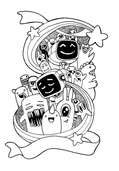 手工绘制的外星人、 怪物和机器人卡通涂鸦 — 图库照片