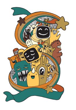El çizilmiş yaratıklar, canavarlar ve robot karikatür doodle