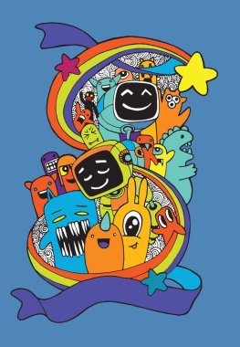 El çizilmiş yaratıklar, canavarlar ve robot karikatür doodle