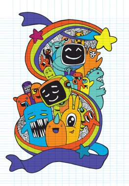 El çizilmiş yaratıklar, canavarlar ve robot karikatür doodle