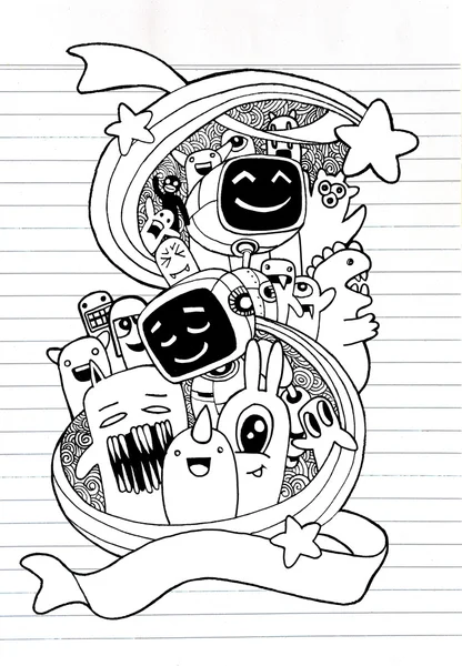 Mão desenhada Aliens, Monstros e robô desenho animado doodle — Vetor de Stock