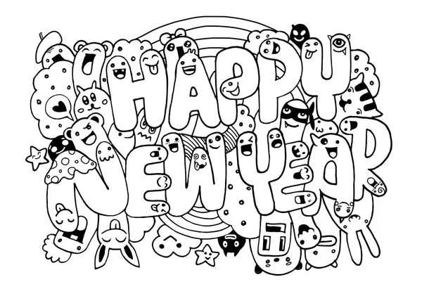 Doodle stijl Happy New Year schets met schattige monsters — Stockvector