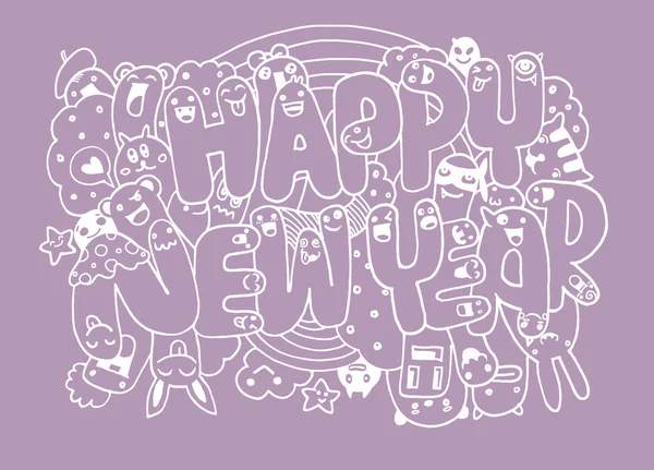 涂鸦风格新年快乐剪影与可爱的怪物 — 图库矢量图片